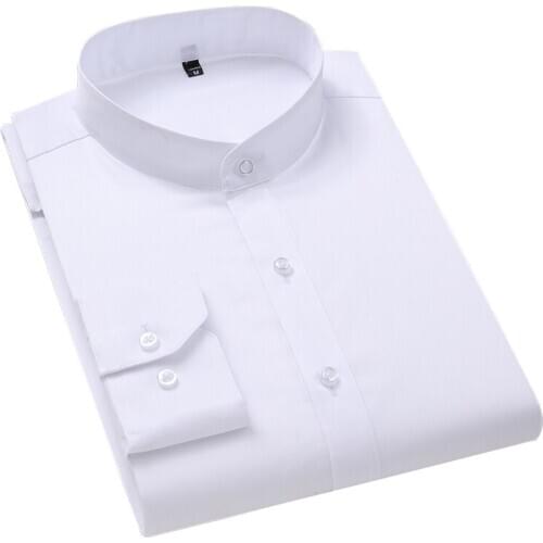 2021 New Autumn Mens Stand Collar Long Sleeve Shirt Business Fashion Solid Color Cotton Slim Brand White Shirt Male Clothes