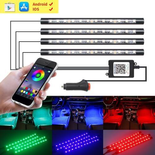 4pcs Car Foot RGB LED Interior Strip Atmosphere Ambient Light With USB Cigarette Lighter Music App Bluetooth Control