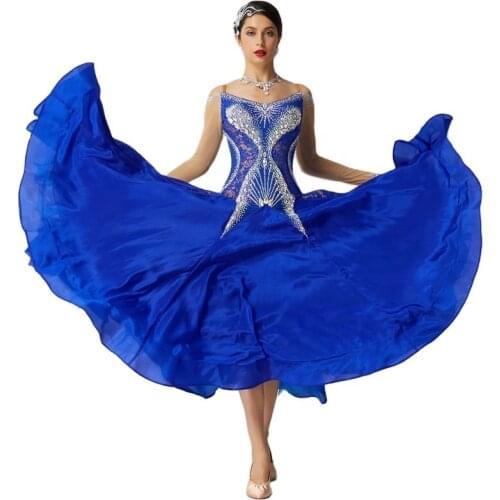 B-2090 New competition international standard ballroom dance dress performance blue pearl silk ballroom dance dress for sale