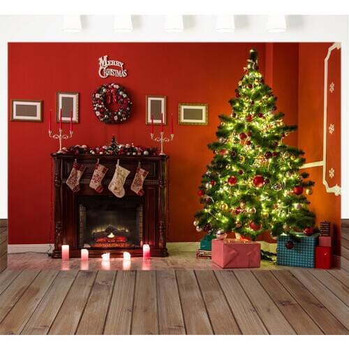 Photography Backdrops Christmas Tree Fireplace Gift Sock Candle Red Decorative Wall Christmas Background For Photo Studio