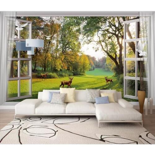 Custom photo wallpaper for walls 3 d murals wallpaper Window outside the forest, small river, deer dove, TV background wall