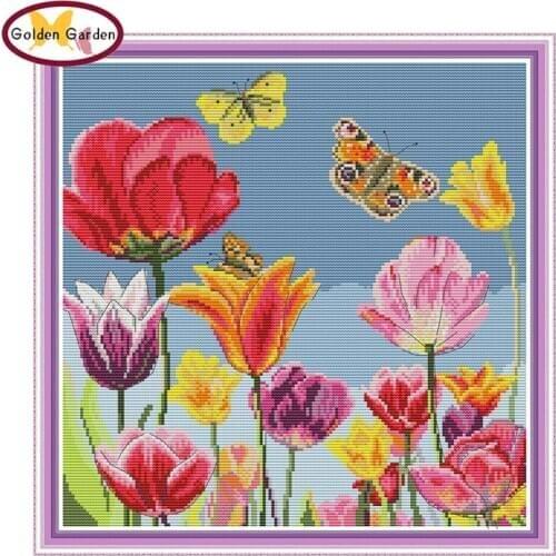 GG Tulip Flowers Cross Stitch Kit 11CT14CT Chinese Embroidery Needlework Set Joy Sunday Cross Stitch Pattern for Home Decor