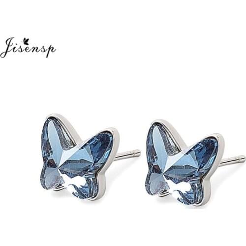 Jisensp Korean Fashion Blue Wing Butterfly Earrings Delicate Lovely Animal Stud Earrings for Women Girls Wedding Jewelry Gift