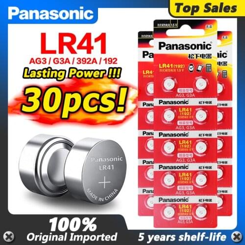 30pcs/lot LR41 Button Cell Batteries Panasonic 100% Original SR41 AG3 G3A L736 192 392A Zn/MnO2 1.5V Lithium Coin Batteries