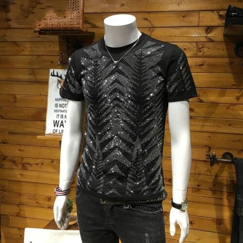 Trend High Quality Summer Designer Clothing Silver Hot Diamond Mens T-shirt Round Neck Tshirt For Men Short Sleeve T-shirt