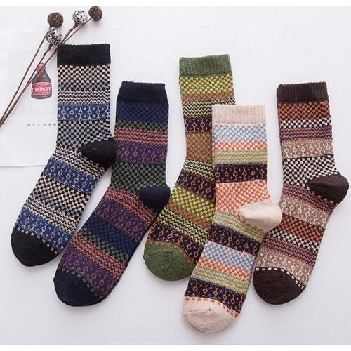 Mens Vintage Ethnic Woolen Warm Long Socks Checked Striped Geometric Ribbed Knit