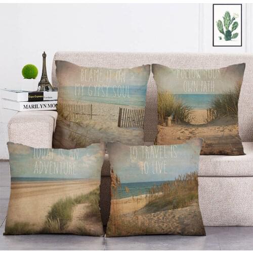 Beach Follow Your Own Path Cushion Covers Soft Linen Palm Print Decorative Livingroom Sofa Couch Throw Pillows Case T42