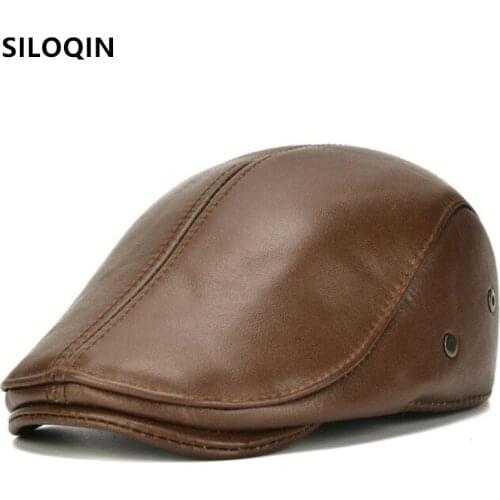 SILOQIN New Autumn Winter Warm Earmuff Hats Mens Genuine Leather Cap Cowhide Berets Snapback Caps Men Ear Protection Winter Hat