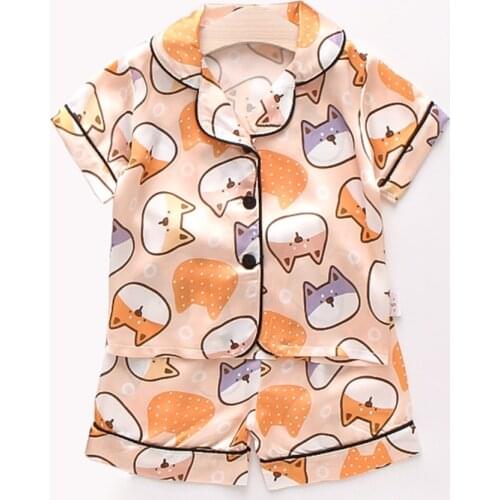 Baby Boy Cartoon Pajamas Set Silk Satin Pyjamas Cute Kids Clothes Short Sleeve Blouse Top + Shorts Sleepwear Suit Girls Homewear