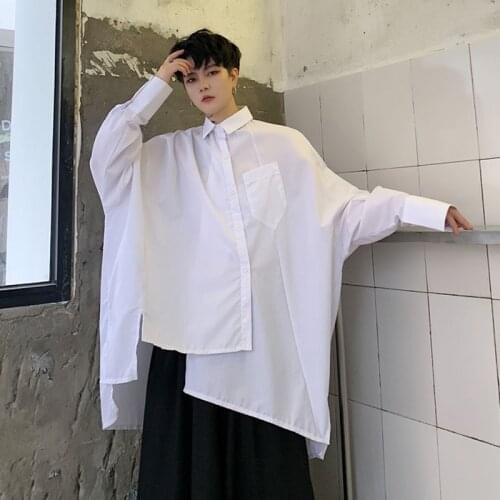 Men Long Sleeve Asymmetric Design Loose Black White Shirt Male Japan Streetwear Hip Hop Gothic Casual Shirts