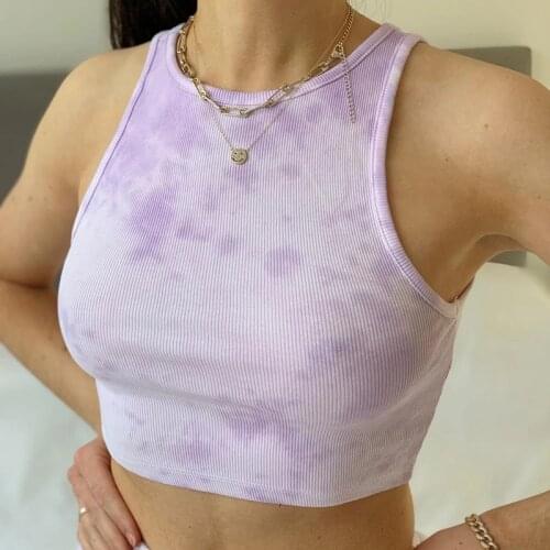 Tie Dye Knitted Sleeveless Crop Tops Summer Women Multicolors Printed O-Neck Oversized Short Tops 2021 Y2k T-shirts Fashion Slim