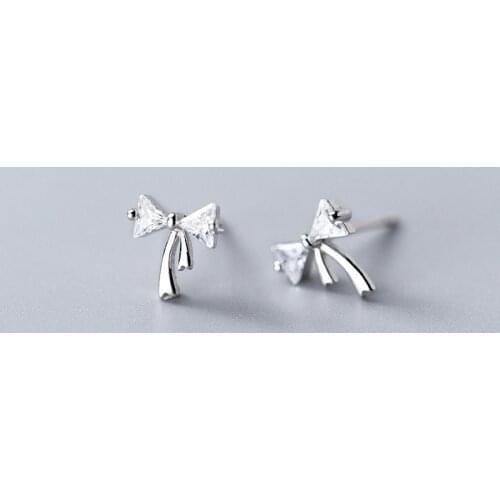 MloveAcc Clear CZ Bowknot Stud Earrings for Girls Real 925 Sterling Silver Women Ear Jewelry
