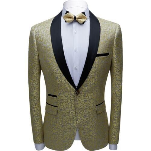 Men Casual Blazers Slim Fit Gold Jacquard Shawl Lapel Tuxedo Jacket Banquet Party Prom Stage Costume Singer Host Wedding Groom