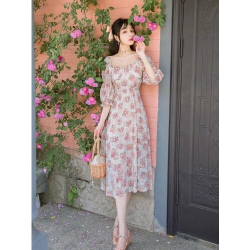 Ladies Retro Elegant Peony Chiffon Embroidered Floral Fairy Dress French Romantic Puff Sleeve Gentle Dress Vestido