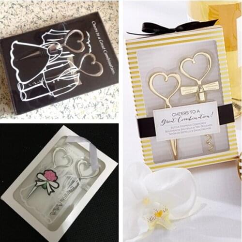 20Pcs/lot=10Boxes Wedding gift favors Heart Love Bride and Groom Wine Bottle Opener and Stopper Set For wedding souvenirs gift