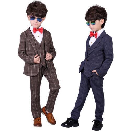 Flower Boys Wedding Suits Sets Children Plaid Blazer Vest Pants 3pcs Outfits Kids Autumn Spring Party School Performance Costume
