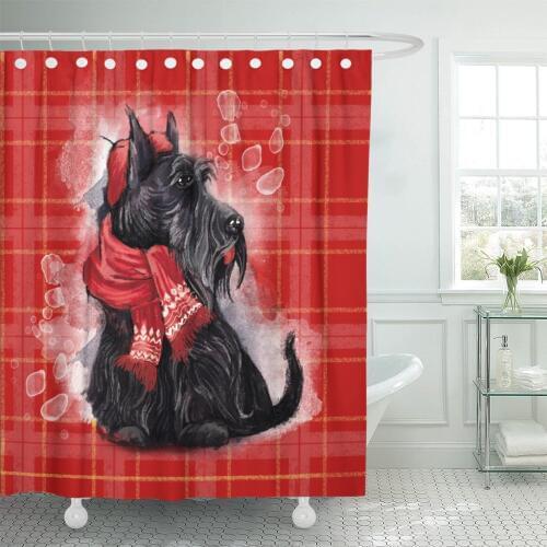 Black Scottish Terrier Wearing in Red Hat and Scarf Shower Curtain Waterproof Polyester 72 x 78 inches Set with Hooks