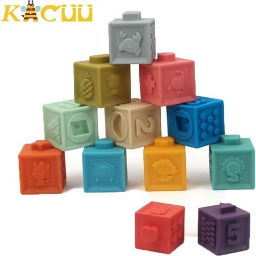 Baby Soft Blocks Toy Sensory Silicone Educational Building Blocks 3D Hanging Ball Toddlers Rubber Teether Squeeze Bath Toys Gift