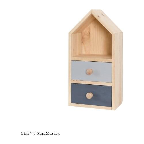 House shaped 2 drawers nature pine small tabletop wood desk organizer
