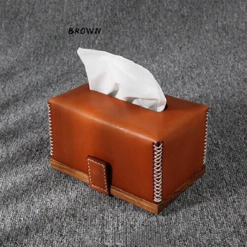 Retro Genuine Leather Tissue Storage Box Paper Drawer Case Ebony Wood Cowhide Handmade Napkin Household Car Dustproof Gifts