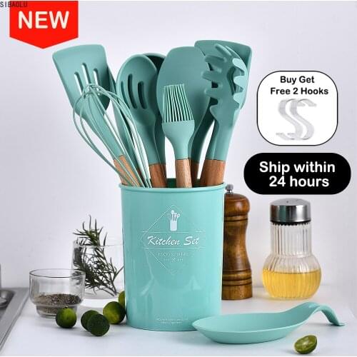 9/10/12PCS Silicone Cooking Utensils Set Non-stick Spatula Shovel Wooden Handle Cooking Tools Set With Storage Box Kitchen Tools