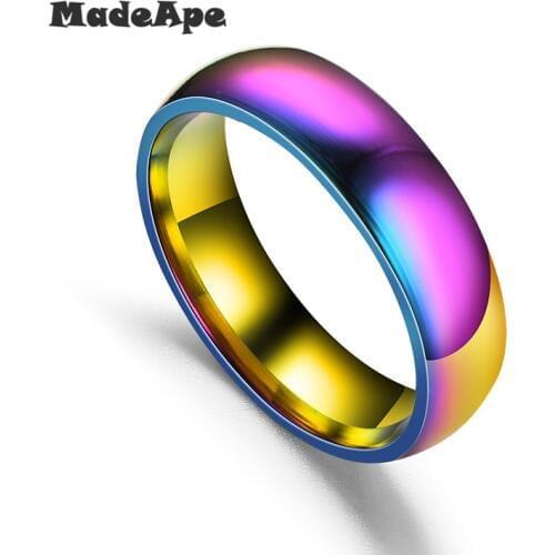 MadApe Women Rainbow Colorful Ring Titanium Stainless Steel Wedding Band Ring Width 6mm Size 5-13# For Women Men Wedding Ring