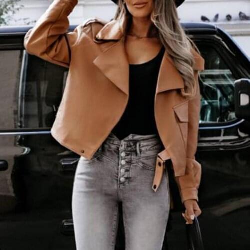 Great All Match Pockets Faux Leather Coat Fall Coat Cardigan Solid Color