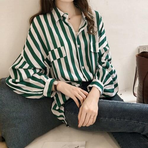 Striped Women Shirts 2021 Summer New Lantern Sleeved Turn-down Collar Long-sleeved Lady Elegant Shirts Outwear Coat Tops