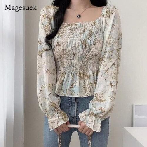 Chic Autumn 2021 New Women Blouse Folds Slash Neck Print Long Sleeved Shirts Elegant Vintage Casual Female Clothing Blusa 15765