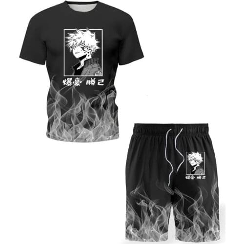 Tracksuit Bakugou Katsuki Bakugo Flame Cosplay Anime My Hero Academia Men T-shirt Shorts Two Piece Suit Oversized Casual Summer