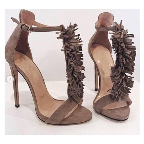 Moraima Snc Suede Fringed T-strap High Heel Shoes Sexy Open Toe Thin Heels Woman Sandal Super High Party Dress Shoe