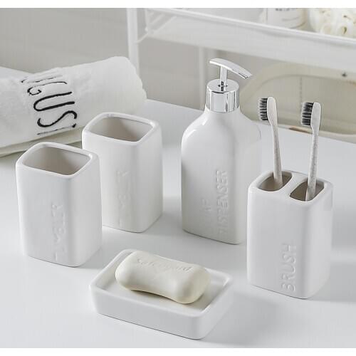 WSHYUFEI 5 pcs/set Simple Pure white ceramic Bathroom Accessories wash sets mouthwash cup Lotion bottle Soap Dish Wash supplies
