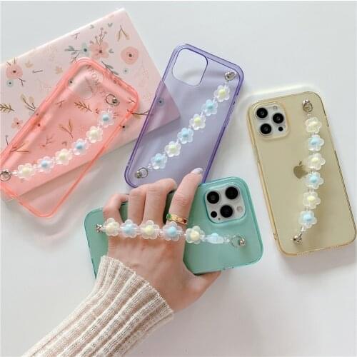 Candy Transparent Wrist Chain Phone Case For iPhone 12 Mini 11 Pro Max XR X XS 7 8 6 6S Plus Cute 3D Flower Bracelet Soft Cover