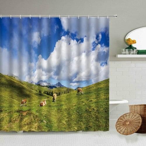 Blue Sky White Clouds Cow Animal Shower Curtain Set Pasture Grass Natural Scenery Country Bathroom Decoration Waterproof Screen