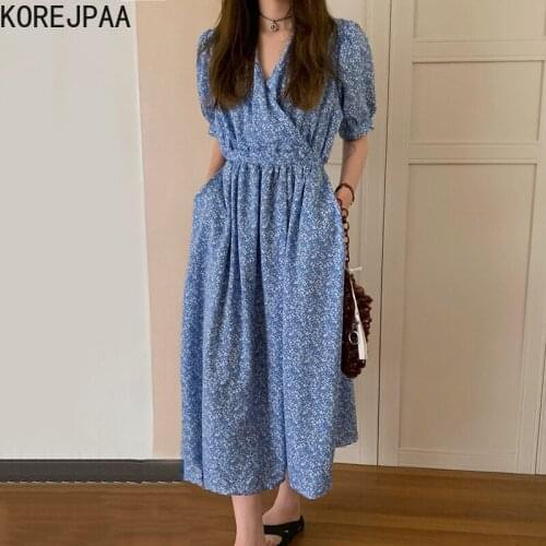 Korejpaa Women Dress 2021 Summer Korean Chic Retro Temperament V-Neck Cross Pleated High Waist Small Floral Puff Sleeve Vestidos