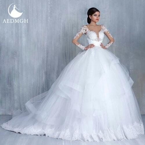 Aedmgh Ball Gown Princess Wedding Dresses 2021 Sweetheart Long Sleeve Vestido De Novia Appliques Backless Ruffles Bridal Gown