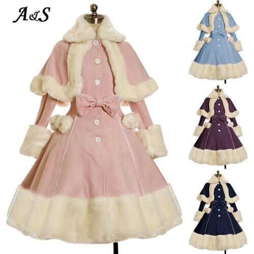 Anbenser Vintage Gothic Lolita Dress Suit Women Fur Collar Long Sleeves Shawl Cute Single-breasted Winter Warm Thick Bow Dresses