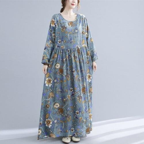 Thin Soft Cotton Linen Print Floral Vintage Women Dress 2021 New Arrival Long Sleeve Autumn Dress Office Lady Work Spring Dress