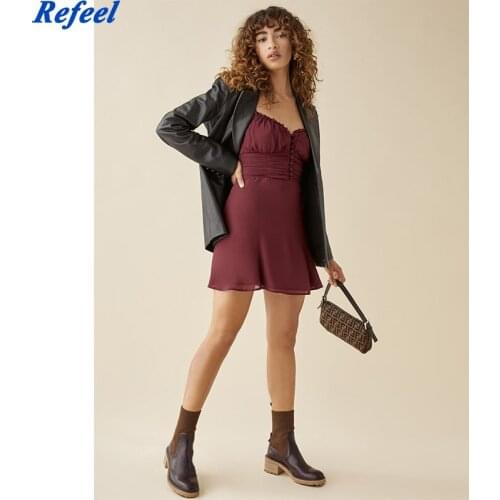 Vintage Solid Color Sling Sexy Dress Women Sleeveless V Neck Draped Waist A-line Mini Summer Dress Holiday Chiffon Robe