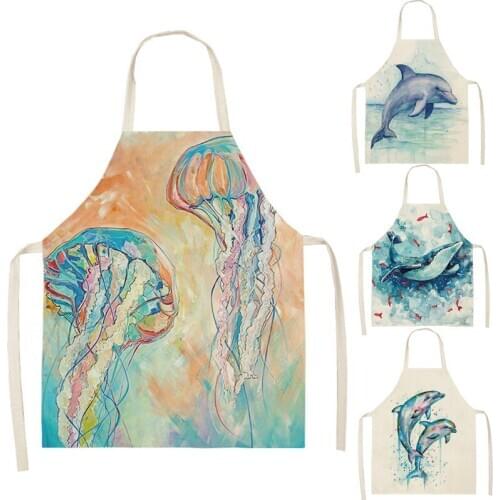 1 Pcs Ocean animal whale Jellyfish Pattern Cleaning Aprons Home Cooking Kitchen Apron Cook Wear Cotton Linen Adult Bibs 66x47cm