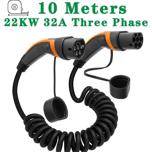 10M 32A three phase 22kw EV Spiral cable type 2 to type 2 EV charger cable for electric vehicle iec 62196 32a evse kit
