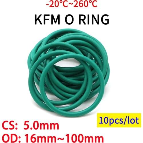 10pcs CS 5.0 mm OD 16~100 mm Green FKM Fluorine Rubber O Ring Sealing Gasket Insulation Oil High Temperature Resistance Green