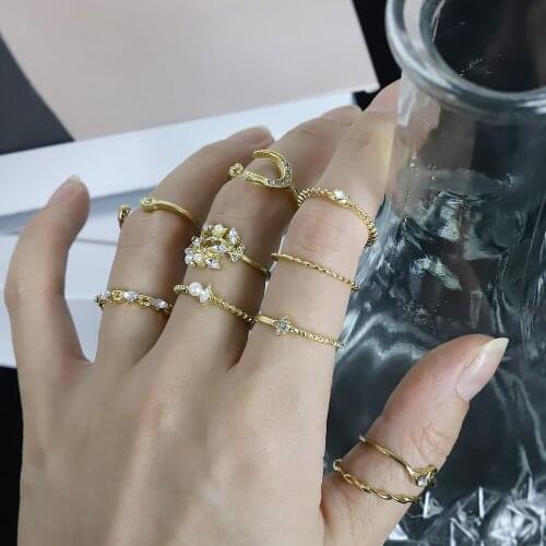 10pcs Star Moon Fashion Ring Set Diamond Pearl Bohemian Punk Metal Ring Gothic Jewelry Woman Gift 2021 New Hot Sale
