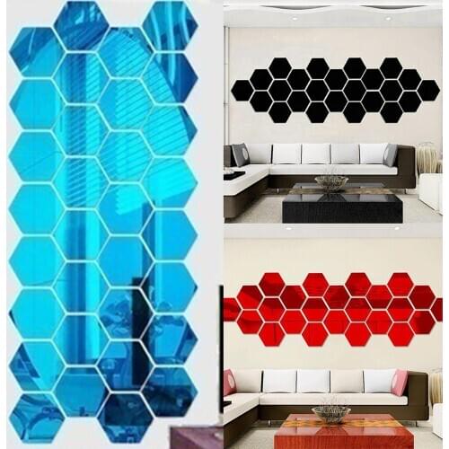 12Pcs Hexagonal Mirror Wall Sticker Background Removable Stereo Decal Home Decor