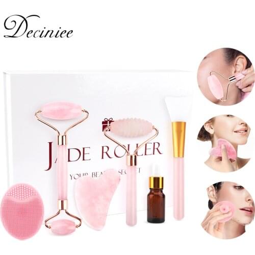 6PCS/Set Rose Jade Roller Gua Sha Set Face Brush Natural Quartz Scraper Jade Stone Massage Facial Massager Tool for Body Neck