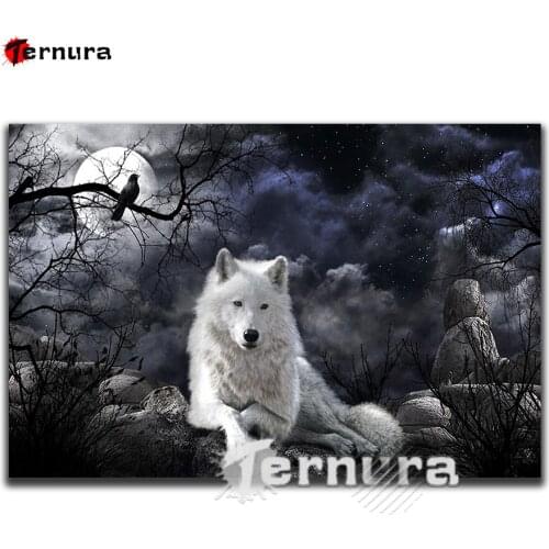 White wolf under the moon 5D Diamond Painting DIY cross stitches full drill Branch bird Character Gift Embroidery Diamond Mosaic