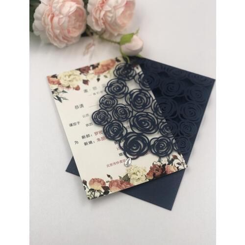 Free Shipping 1X Rose glitter diamond Pocket Wedding Invitation Card Laser cut Hollow wedding invitations Invite greeting cards