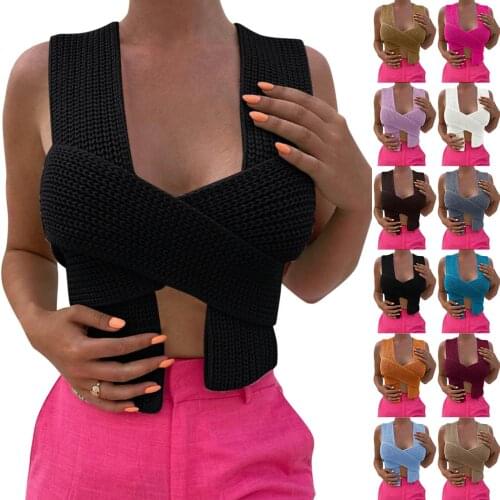 Autumn Women’s Blouses Crop Top Sweater Sleeveless Tie Strappy Backless Knitted Blouses Bandage Sweaters Chic Streetwear 2021