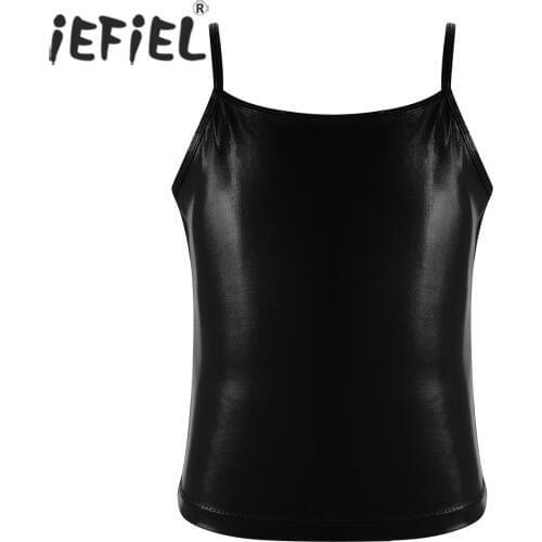 Kids Girls Ballerina Spaghetti Shoulder Straps Shiny Metallic Color Camisole Tank Top for Dance Competition Stage Performance