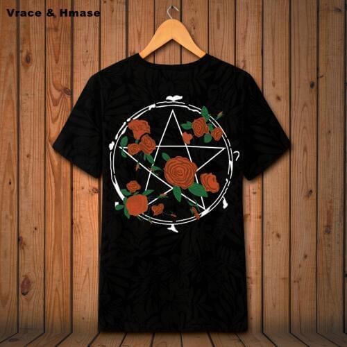 Rose pentagram pattern printing oversized casual short sleeve t shirt Summer 2018 New quality soft comfortable t shirt men S-6XL